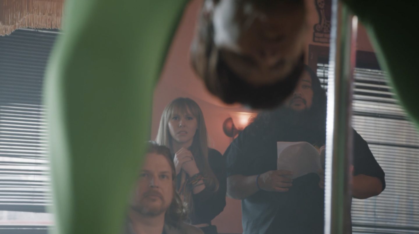 Abigail and Adam look on in horror as Skweezy dances